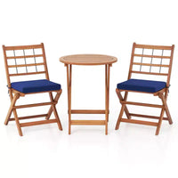 Ensemble de bistro Costway 3 pièces en bois d'acacia pour patio, table et chaises pliantes d'extérieur avec coussins, blanc cassé/bleu marine/gris