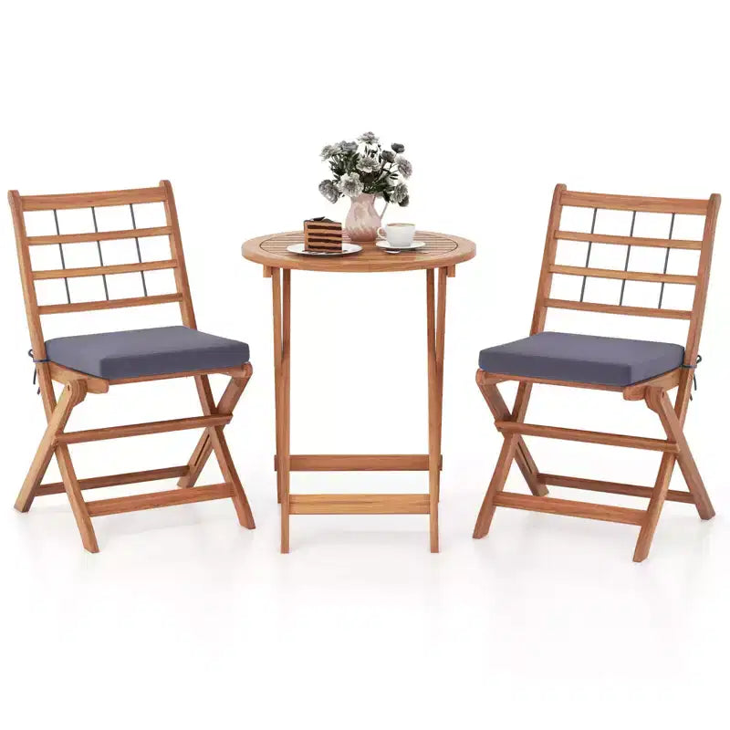 Ensemble de bistro Costway 3 pièces en bois d'acacia pour patio, table et chaises pliantes d'extérieur avec coussins, blanc cassé/bleu marine/gris