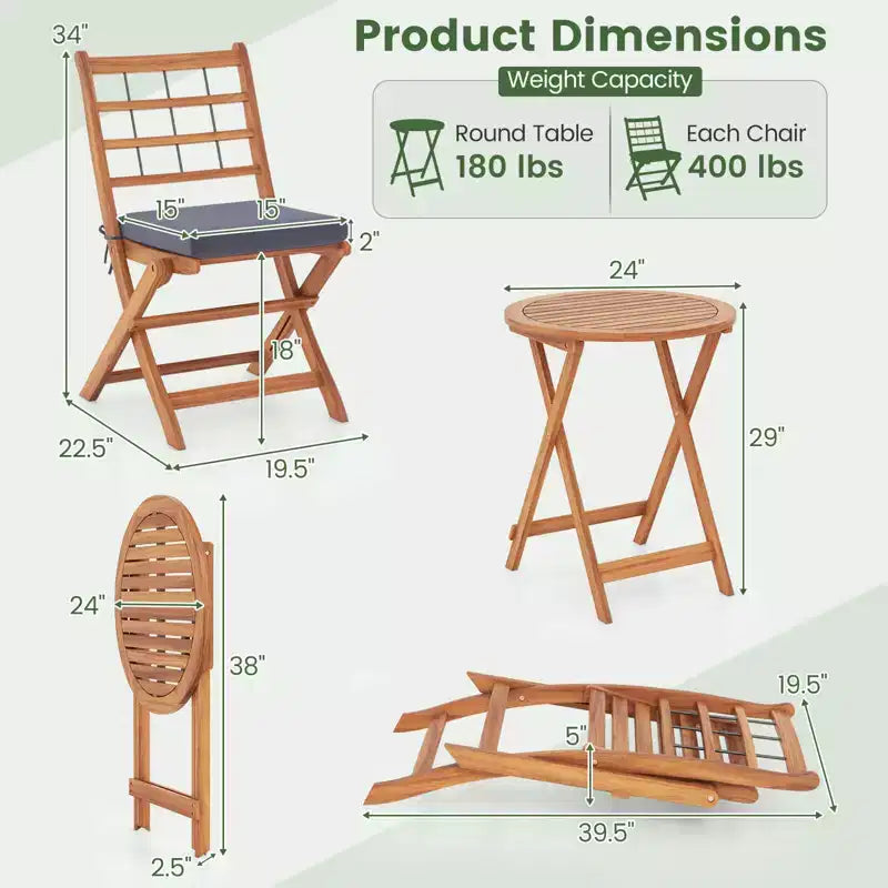 Ensemble de bistro Costway 3 pièces en bois d'acacia pour patio, table et chaises pliantes d'extérieur avec coussins, blanc cassé/bleu marine/gris