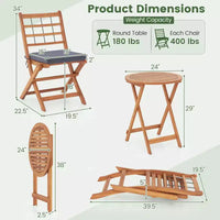 Ensemble de bistro Costway 3 pièces en bois d'acacia pour patio, table et chaises pliantes d'extérieur avec coussins, blanc cassé/bleu marine/gris