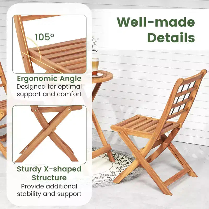Ensemble de bistro Costway 3 pièces en bois d'acacia pour patio, table et chaises pliantes d'extérieur avec coussins, blanc cassé/bleu marine/gris