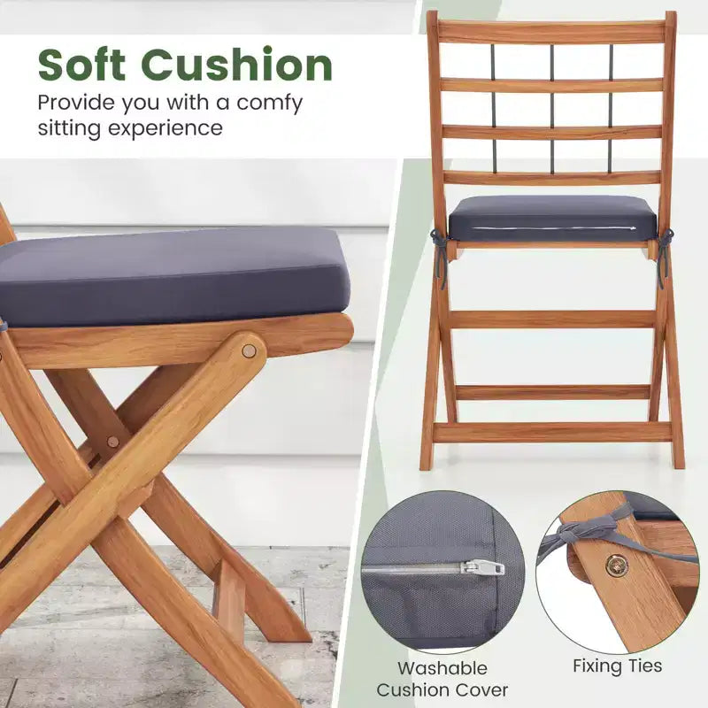 Ensemble de bistro Costway 3 pièces en bois d'acacia pour patio, table et chaises pliantes d'extérieur avec coussins, blanc cassé/bleu marine/gris