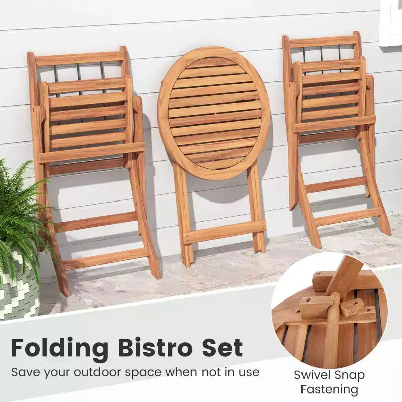 Ensemble de bistro Costway 3 pièces en bois d'acacia pour patio, table et chaises pliantes d'extérieur avec coussins, blanc cassé/bleu marine/gris