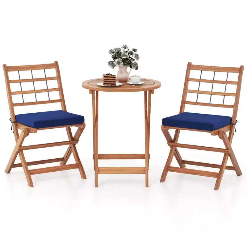 Ensemble de bistro Costway 3 pièces en bois d'acacia pour patio, table et chaises pliantes d'extérieur avec coussins, blanc cassé/bleu marine/gris