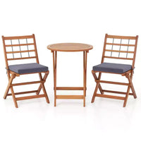 Ensemble de bistro Costway 3 pièces en bois d'acacia pour patio, table et chaises pliantes d'extérieur avec coussins, blanc cassé/bleu marine/gris