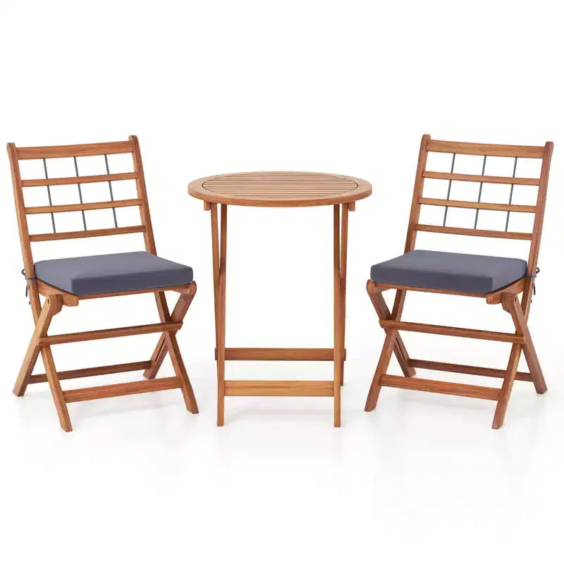 Ensemble de bistro Costway 3 pièces en bois d'acacia pour patio, table et chaises pliantes d'extérieur avec coussins, blanc cassé/bleu marine/gris