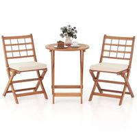 Ensemble de bistro Costway 3 pièces en bois d'acacia pour patio, table et chaises pliantes d'extérieur avec coussins, blanc cassé/bleu marine/gris