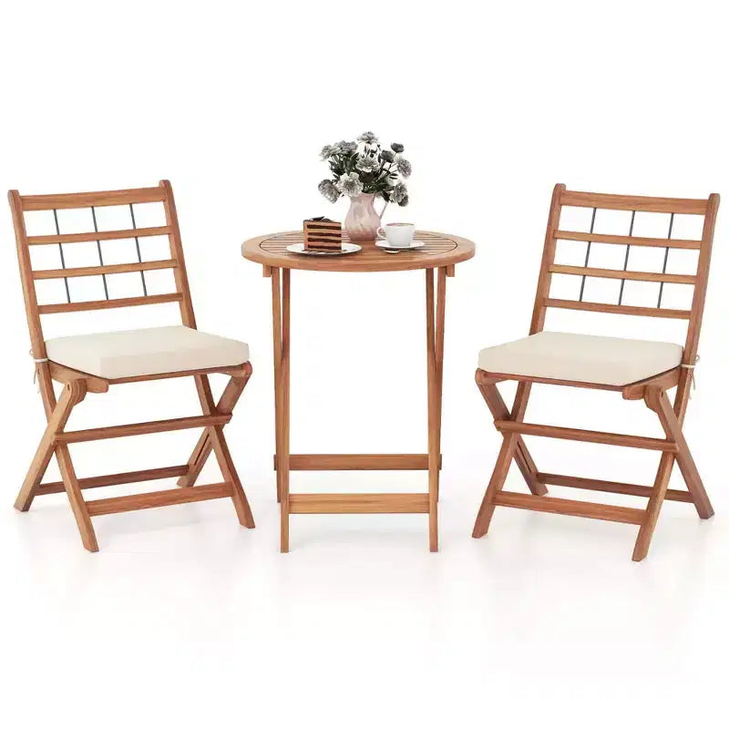 Ensemble de bistro Costway 3 pièces en bois d'acacia pour patio, table et chaises pliantes d'extérieur avec coussins, blanc cassé/bleu marine/gris