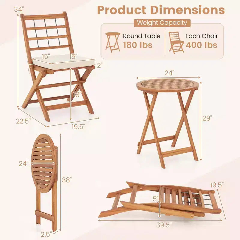 Ensemble de bistro Costway 3 pièces en bois d'acacia pour patio, table et chaises pliantes d'extérieur avec coussins, blanc cassé/bleu marine/gris