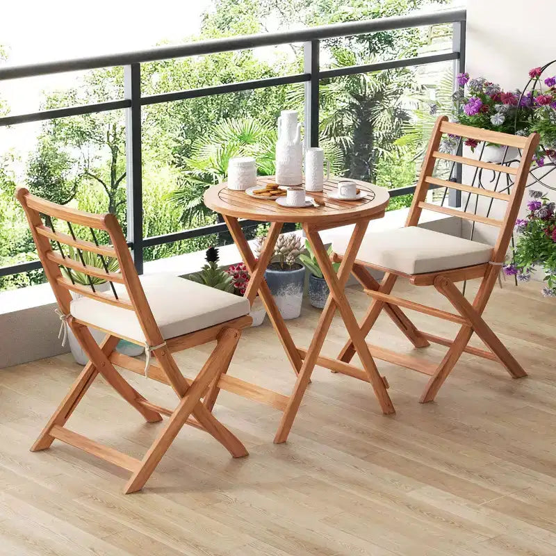 Ensemble de bistro Costway 3 pièces en bois d'acacia pour patio, table et chaises pliantes d'extérieur avec coussins, blanc cassé/bleu marine/gris