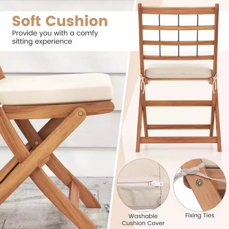 Ensemble de bistro Costway 3 pièces en bois d'acacia pour patio, table et chaises pliantes d'extérieur avec coussins, blanc cassé/bleu marine/gris