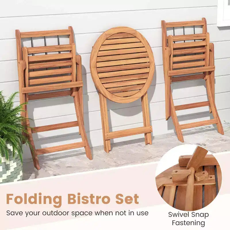 Ensemble de bistro Costway 3 pièces en bois d'acacia pour patio, table et chaises pliantes d'extérieur avec coussins, blanc cassé/bleu marine/gris