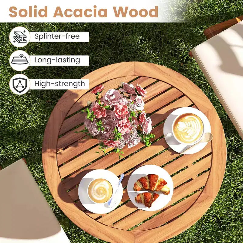 Ensemble de bistro Costway 3 pièces en bois d'acacia pour patio, table et chaises pliantes d'extérieur avec coussins, blanc cassé/bleu marine/gris