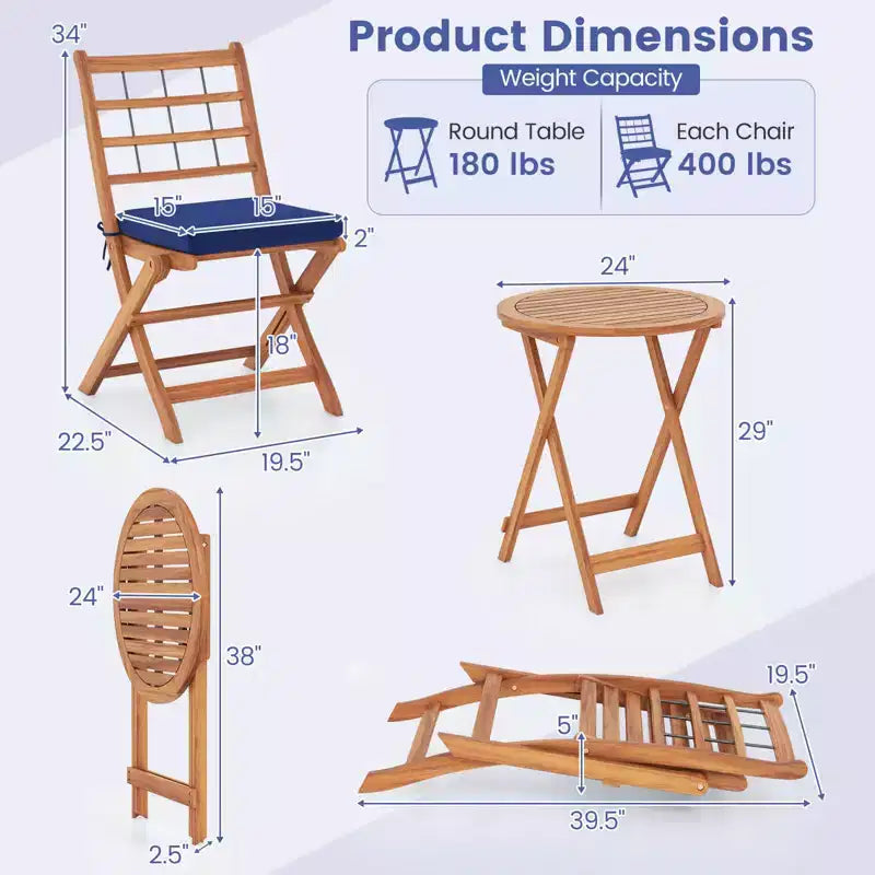 Ensemble de bistro Costway 3 pièces en bois d'acacia pour patio, table et chaises pliantes d'extérieur avec coussins, blanc cassé/bleu marine/gris