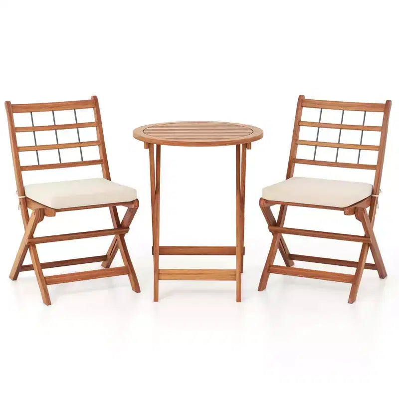 Ensemble de bistro Costway 3 pièces en bois d'acacia pour patio, table et chaises pliantes d'extérieur avec coussins, blanc cassé/bleu marine/gris