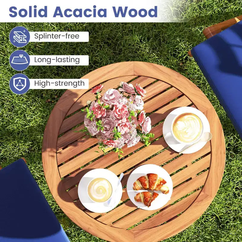 Ensemble de bistro Costway 3 pièces en bois d'acacia pour patio, table et chaises pliantes d'extérieur avec coussins, blanc cassé/bleu marine/gris