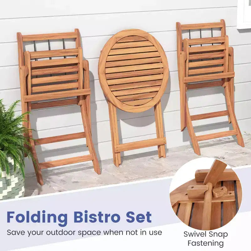 Ensemble de bistro Costway 3 pièces en bois d'acacia pour patio, table et chaises pliantes d'extérieur avec coussins, blanc cassé/bleu marine/gris