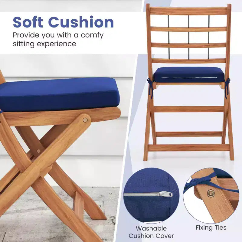 Ensemble de bistro Costway 3 pièces en bois d'acacia pour patio, table et chaises pliantes d'extérieur avec coussins, blanc cassé/bleu marine/gris