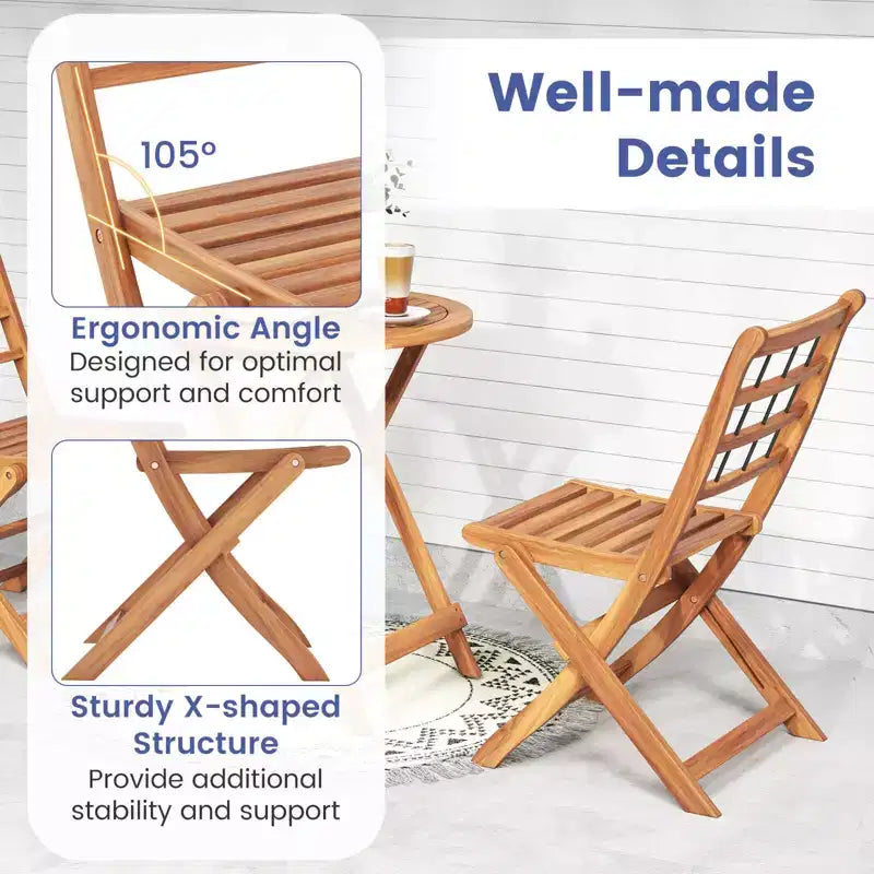 Ensemble de bistro Costway 3 pièces en bois d'acacia pour patio, table et chaises pliantes d'extérieur avec coussins, blanc cassé/bleu marine/gris