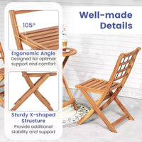 Ensemble de bistro Costway 3 pièces en bois d'acacia pour patio, table et chaises pliantes d'extérieur avec coussins, blanc cassé/bleu marine/gris