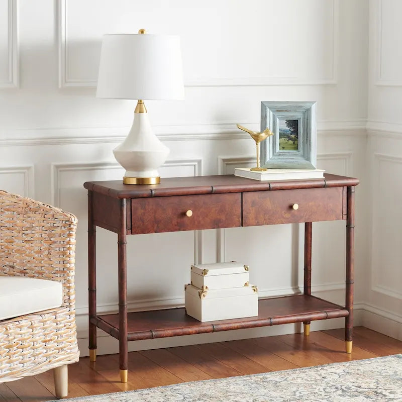 Console de table SAFAVIEH Franc brun foncé/doré à 2 tiroirs et 1 étagère - 42 L x 15,8 P x 29 H - 42Lx16Px29H
