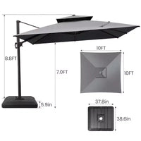 Crestlive Products Parasol déporté de terrasse carré 10 pieds à 2 niveaux, ombrage 360 avec base lestée