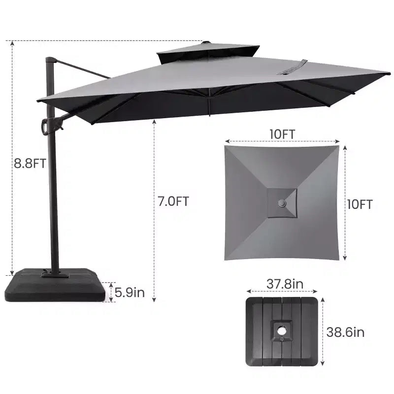Crestlive Products Parasol déporté de terrasse carré 10 pieds à 2 niveaux, ombrage 360 avec base lestée