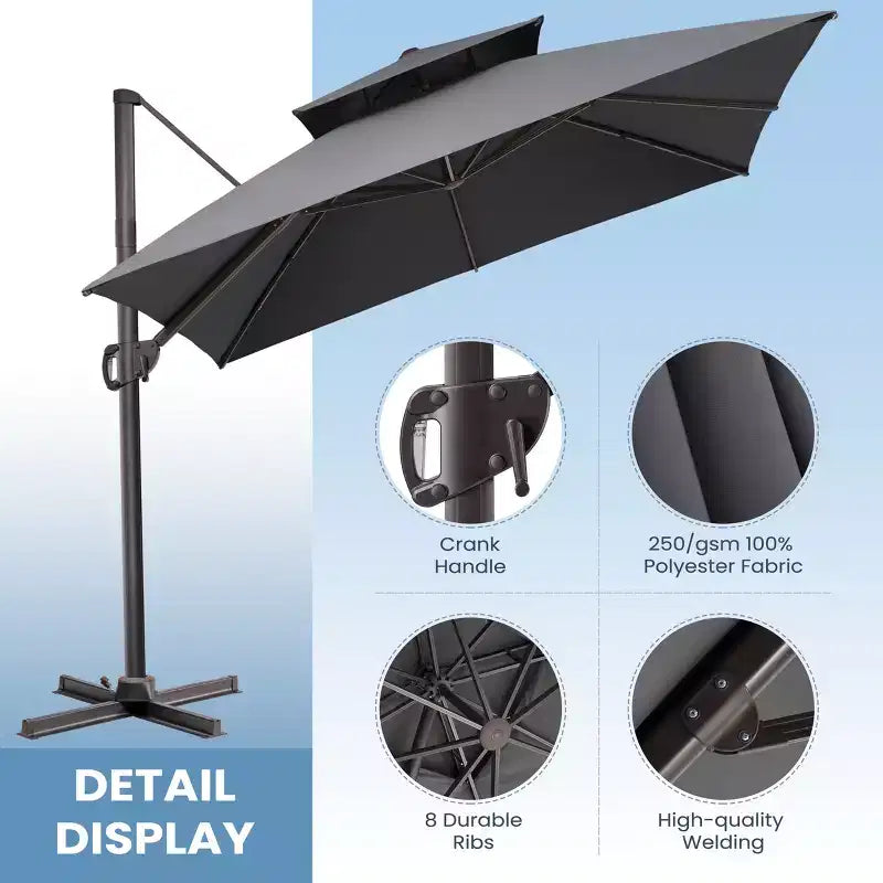 Crestlive Products Parasol déporté de terrasse carré 10 pieds à 2 niveaux, ombrage 360 avec base lestée