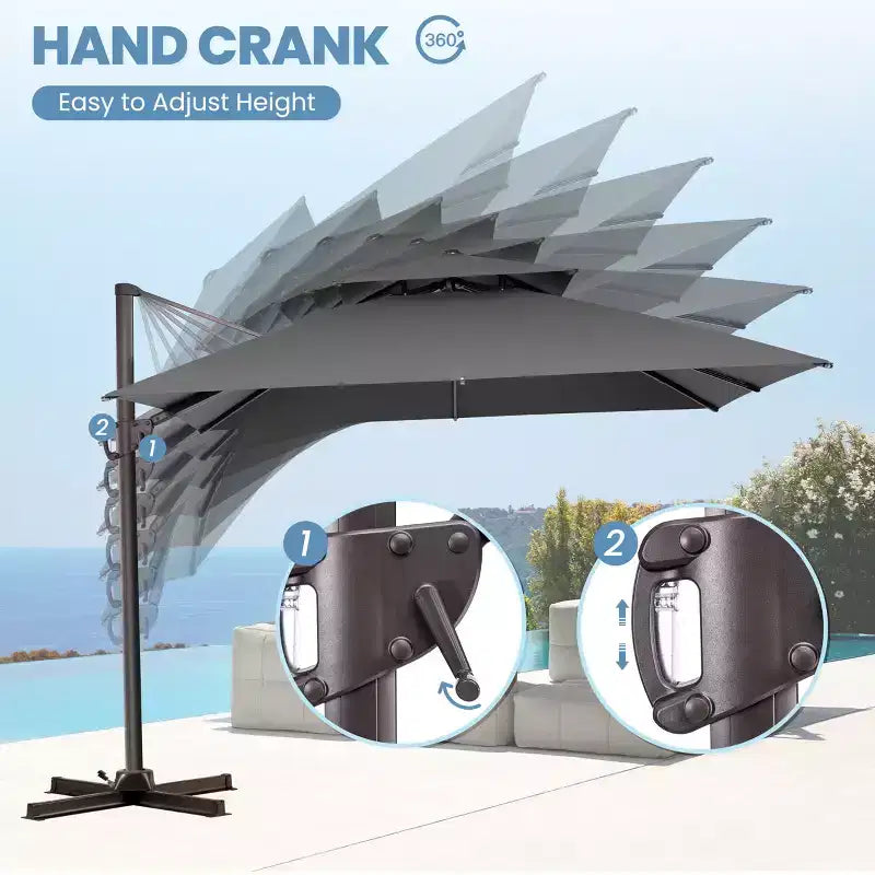 Crestlive Products Parasol déporté de terrasse carré 10 pieds à 2 niveaux, ombrage 360 avec base lestée