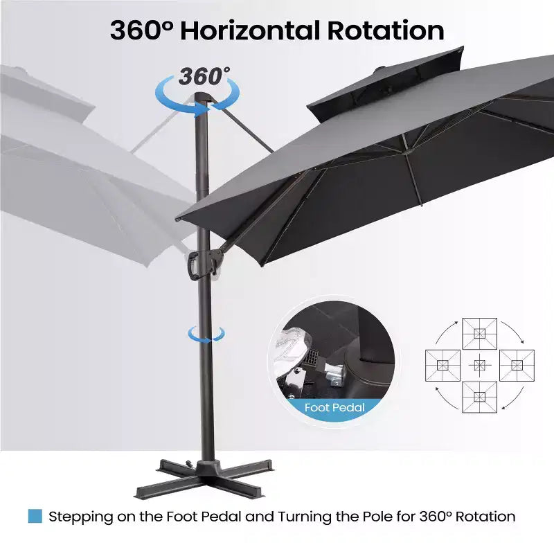 Crestlive Products Parasol déporté de terrasse carré 10 pieds à 2 niveaux, ombrage 360 avec base lestée