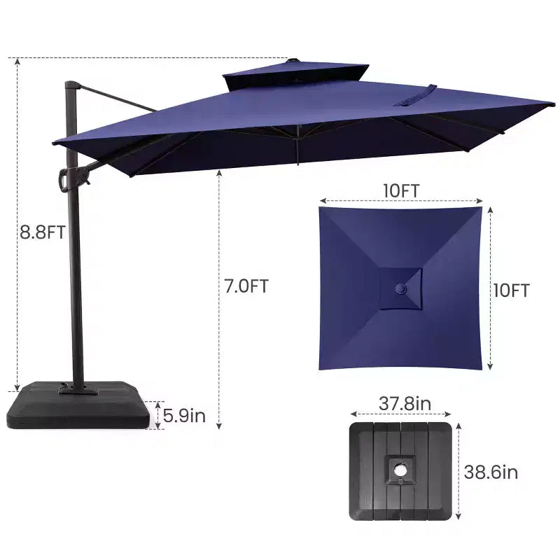 Crestlive Products Parasol déporté de terrasse carré 10 pieds à 2 niveaux, ombrage 360 avec base lestée