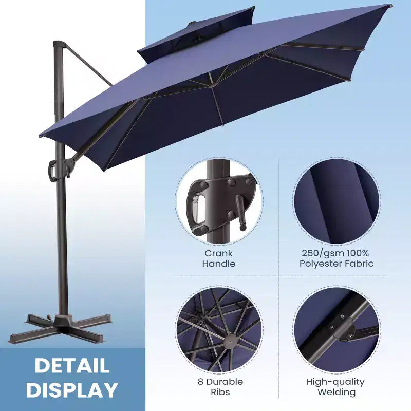 Crestlive Products Parasol déporté de terrasse carré 10 pieds à 2 niveaux, ombrage 360 avec base lestée