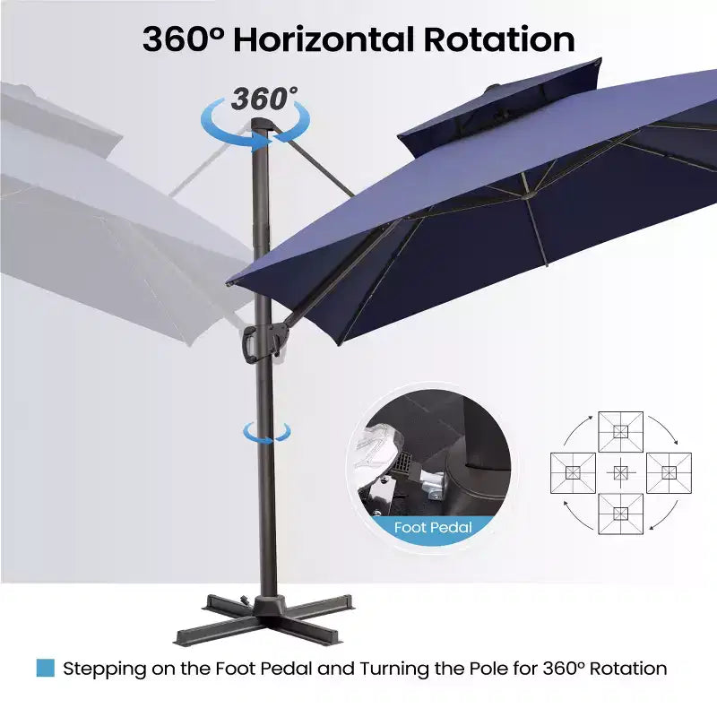 Crestlive Products Parasol déporté de terrasse carré 10 pieds à 2 niveaux, ombrage 360 avec base lestée