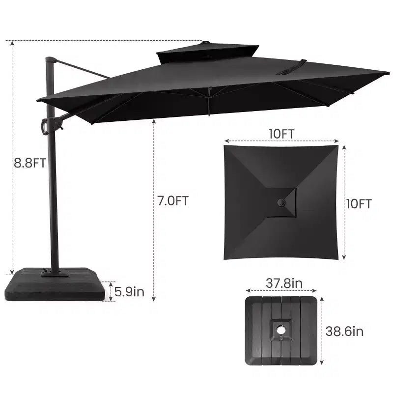 Crestlive Products Parasol déporté de terrasse carré 10 pieds à 2 niveaux, ombrage 360 avec base lestée