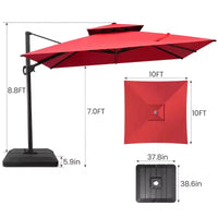 Crestlive Products Parasol déporté de terrasse carré 10 pieds à 2 niveaux, ombrage 360 avec base lestée