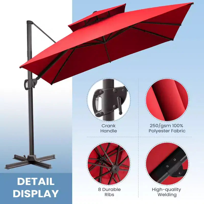 Crestlive Products Parasol déporté de terrasse carré 10 pieds à 2 niveaux, ombrage 360 avec base lestée