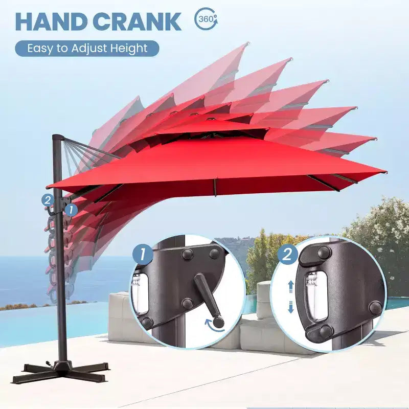 Crestlive Products Parasol déporté de terrasse carré 10 pieds à 2 niveaux, ombrage 360 avec base lestée