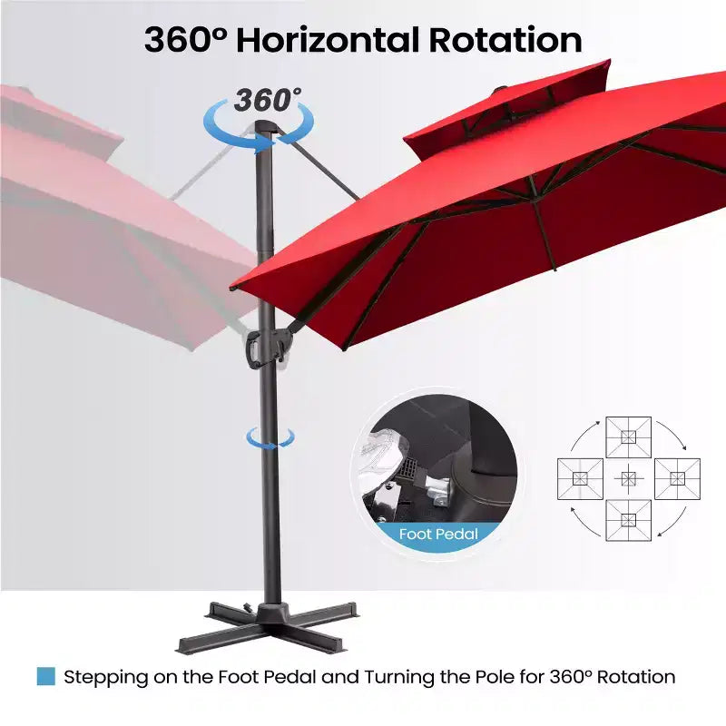 Crestlive Products Parasol déporté de terrasse carré 10 pieds à 2 niveaux, ombrage 360 avec base lestée