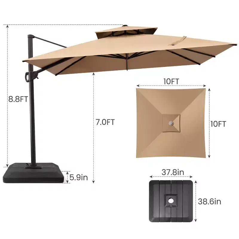 Crestlive Products Parasol déporté de terrasse carré 10 pieds à 2 niveaux, ombrage 360 avec base lestée