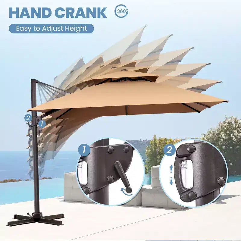 Crestlive Products Parasol déporté de terrasse carré 10 pieds à 2 niveaux, ombrage 360 avec base lestée