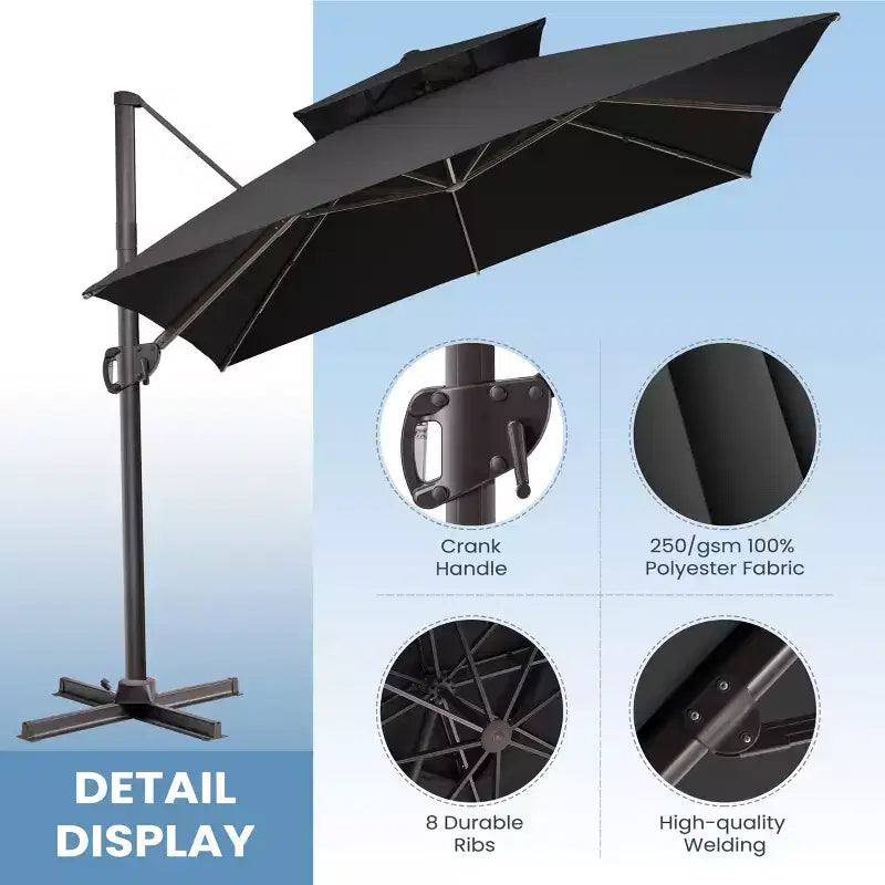 Crestlive Products Parasol déporté de terrasse carré 10 pieds à 2 niveaux, ombrage 360 avec base lestée