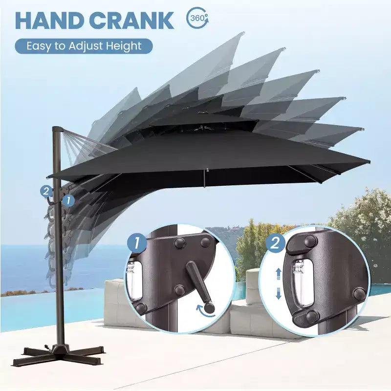 Crestlive Products Parasol déporté de terrasse carré 10 pieds à 2 niveaux, ombrage 360 avec base lestée