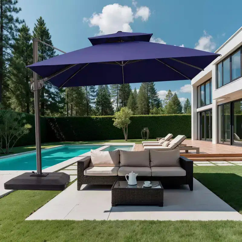 Crestlive Products Parasol déporté de terrasse carré 10 pieds à 2 niveaux, ombrage 360 avec base lestée