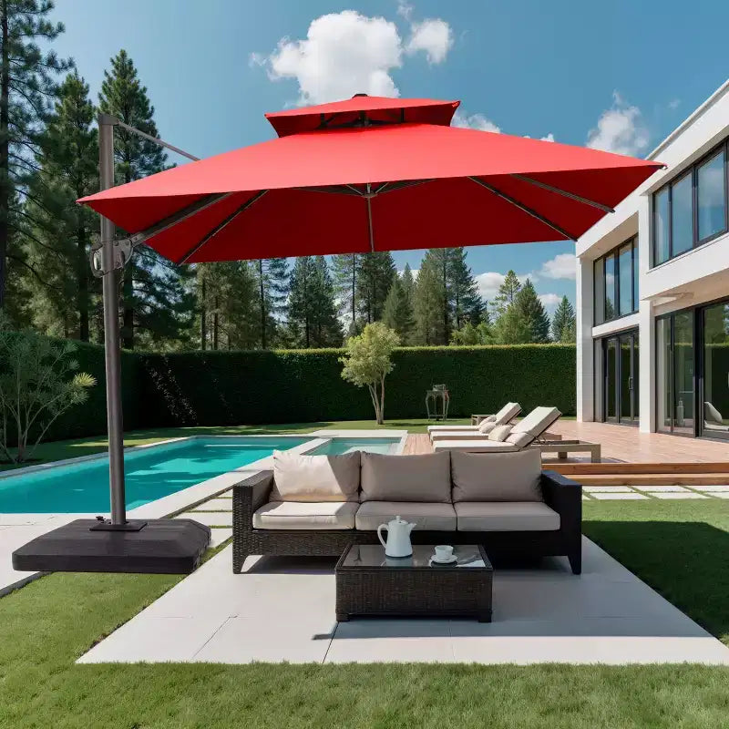 Crestlive Products Parasol déporté de terrasse carré 10 pieds à 2 niveaux, ombrage 360 avec base lestée