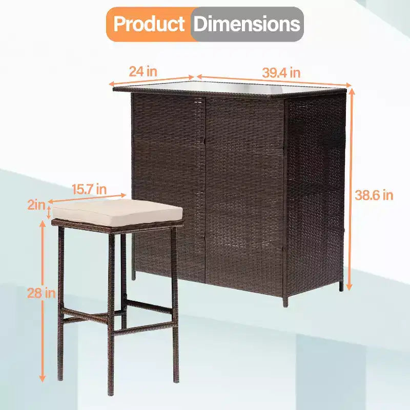FDW Ensemble de bar 3 pièces Meubles de patio Cadre robuste Table haute de bar avec deux tabourets Plateau en verre et étagères de rangement Parfait pour balcon et piscine