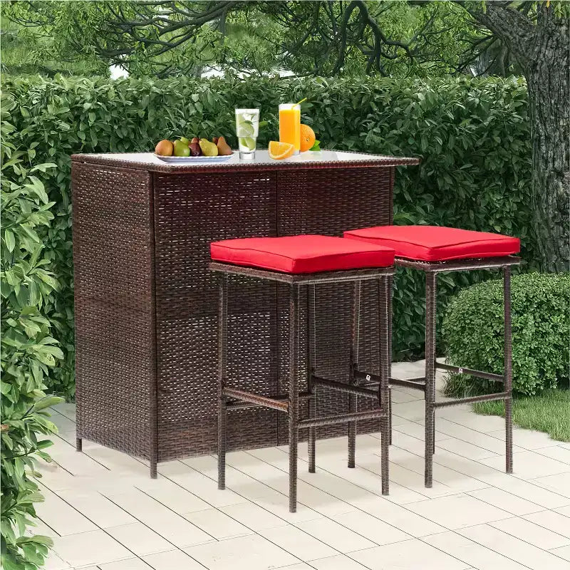 FDW Ensemble de bar 3 pièces Meubles de patio Cadre robuste Table haute de bar avec deux tabourets Plateau en verre et étagères de rangement Parfait pour balcon et piscine