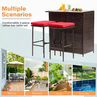 FDW Ensemble de bar 3 pièces Meubles de patio Cadre robuste Table haute de bar avec deux tabourets Plateau en verre et étagères de rangement Parfait pour balcon et piscine
