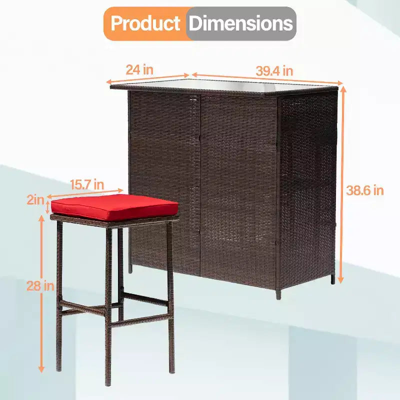 FDW Ensemble de bar 3 pièces Meubles de patio Cadre robuste Table haute de bar avec deux tabourets Plateau en verre et étagères de rangement Parfait pour balcon et piscine