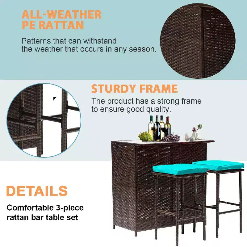 FDW Ensemble de bar 3 pièces Meubles de patio Cadre robuste Table haute de bar avec deux tabourets Plateau en verre et étagères de rangement Parfait pour balcon et piscine