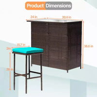 FDW Ensemble de bar 3 pièces Meubles de patio Cadre robuste Table haute de bar avec deux tabourets Plateau en verre et étagères de rangement Parfait pour balcon et piscine